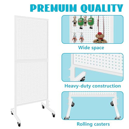 Royxen 2' x 5.6' Large Standing Pegboard Display with T-Base, Metal Pegboard Display Stand with 30 Hooks, Peg Board Panels with Wheels for Vendors, Home and Retail Store (White) - color: White