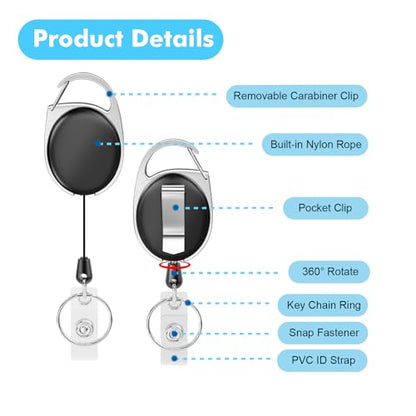 moeverEX Retractable Badge Holder with Carabiner Reel Clip and Key Ring - size: Black-10pcs