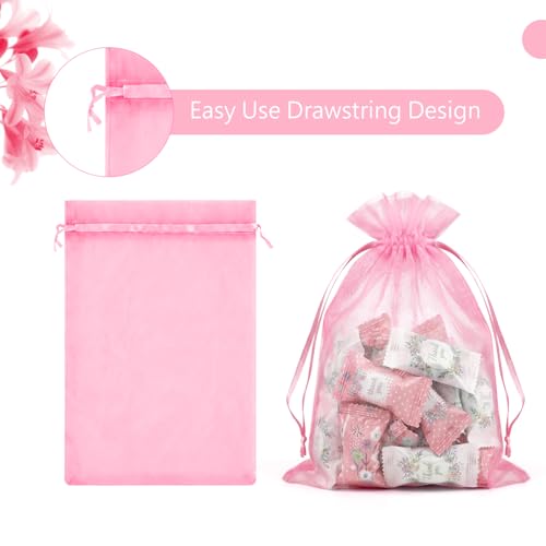 FUNFERY 100Pcs Pink Organza Bags 5x7 in,Small Mesh Drawstring Gift Bag - color: Classic Pink