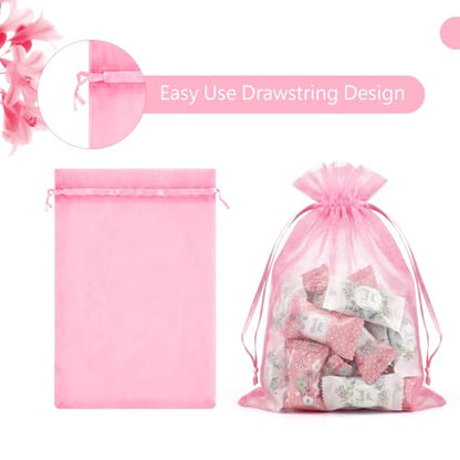 FUNFERY 100Pcs Pink Organza Bags 5x7 in,Small Mesh Drawstring Gift Bag - color: Classic Pink