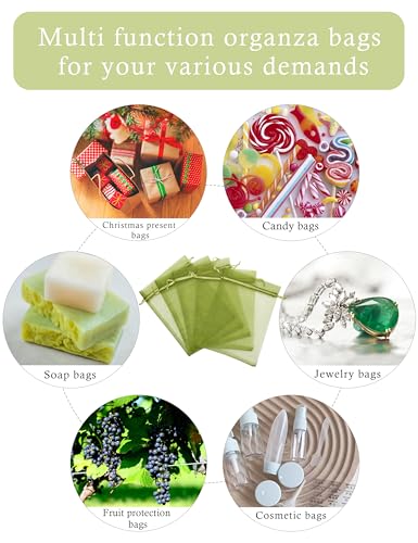 Jexila 100 Olive Green Organza Gift Bags 5X7 In Drawstring Mesh Favor Pouch - color: Olive Green