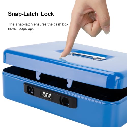 Jssmst Metal Cash Box with Money Tray and Lock, Portable Cash Drawer, 11.8" - color: Blue Code-B