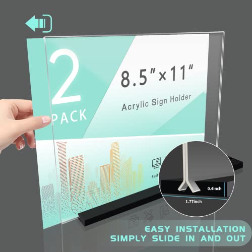 Acrylic Sign Holder 8.5 x 11 Plastic Sign Holder, 2 Pack, T Shape Clear Table Top Holders, Double Sided Paper Desktop Display Stand, Horizontal Ad Frames, Flyer Document, for Store, Office, Horizontal