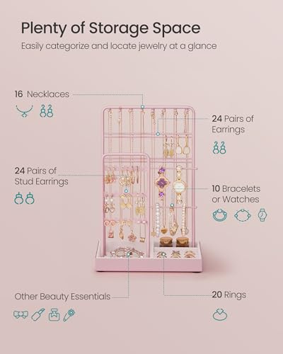 SONGMICS Jewelry Holder, Display Stand, Metal Frame, Velvet Tray - color: Jelly Pink, size: 4.5"D x 7.7"W x 12.1"H