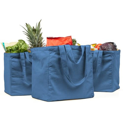 VeraMia Canvas Grocery Bag 3pc XL Set with Real Pockets, Long Shoulder Strap and Short Handle. Heavy Duty, Foldable, Washable - color: Sky Blue