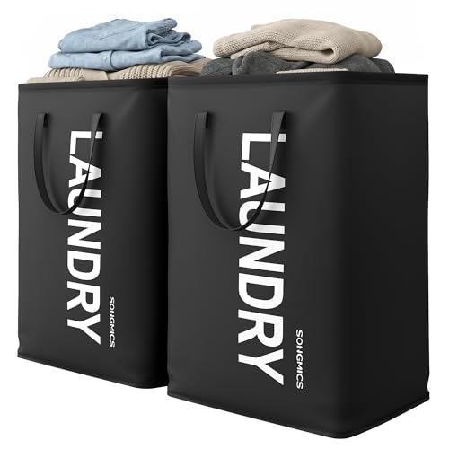 SONGMICS Laundry Hamper, 80L Foldable Basket, 2 Pack, Water-Repellent - color: Ink Black, size: 2 Pack