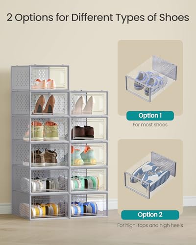SONGMICS Shoe Boxes, Clear Plastic Sneaker Box, Pack of 12 - color: Transparent + Gray, size: L-12pcs