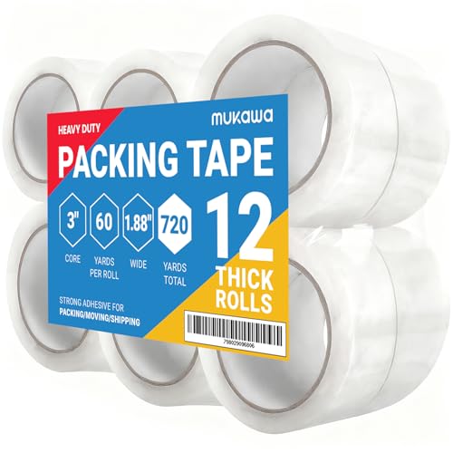mukawa 12 Rolls 2.7mil Thick Packing Tapes, Clear Packaging Tape, 720 Yards Heavy Duty Tape - Hold 100 Pounds for Packing, Strong Sealing, 1.88" x 60 Yards Per Roll