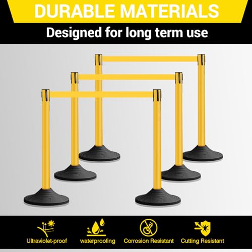10 ft Crowd Control Stanchion Set, Yellow Crowd Control Barrier with Retractable Belts & Rubber Base, Queue Management Stanchion (6 Pack) - size: Rubber Base-6 Pack