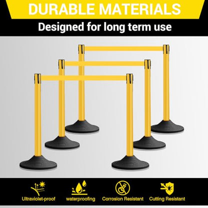 10 ft Crowd Control Stanchion Set, Yellow Crowd Control Barrier with Retractable Belts & Rubber Base, Queue Management Stanchion (6 Pack) - size: Rubber Base-6 Pack