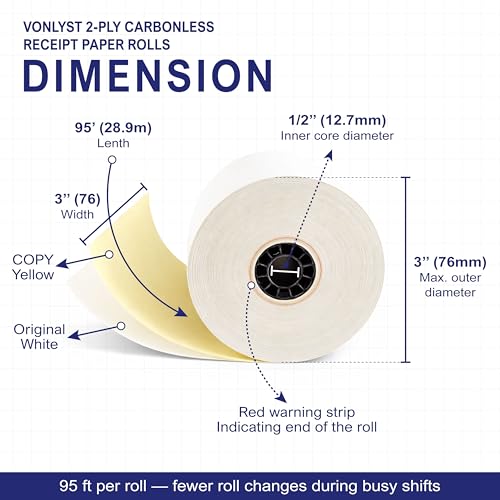 2-Ply Carbonless Receipt Paper Rolls 3" x 95' White/Canary – Compatible with Epson ERC-30 / ERC-34 / ERC-38 – 10 Rolls + 1 Replacement Printer Ribbon by Vonlyst