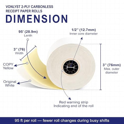 2-Ply Carbonless Receipt Paper Rolls 3" x 95' White/Canary – Compatible with Epson ERC-30 / ERC-34 / ERC-38 – 10 Rolls + 1 Replacement Printer Ribbon by Vonlyst