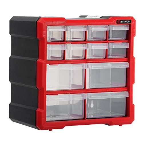 INTERTOOL Small Parts Organizer - 12 Removeable Bin Drawers - Tool Box for Storing Hardware and Garage Organization - For Screws, Bolts, Legos, Arts and Crafts - 10” x 10” x 6” - BX08-4024 - style: 12 Drawers