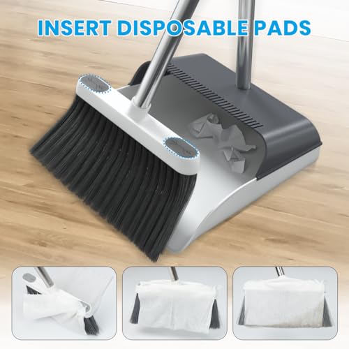 Stand Up Dustpan and Broom Set 50” Long Handle Broom with Dust Pan, 20° Angled for Ergonomic Home Office Indoor Sweeping - color: Gray