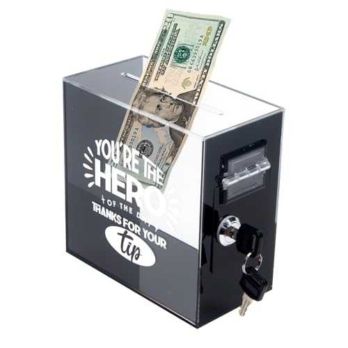 Acrylic Tip Jar with Lock and 2 Keys Donation Box with Double-Sided Adhesive for Wall Mount -Secure Tip Box for Bartenders, Restaurants & Small Business Raffle Box for Bar Musicians Driver 6x6x3 Inch