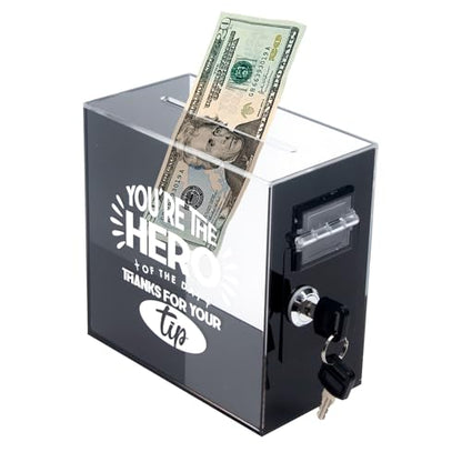 Acrylic Tip Jar with Lock and 2 Keys Donation Box with Double-Sided Adhesive for Wall Mount -Secure Tip Box for Bartenders, Restaurants & Small Business Raffle Box for Bar Musicians Driver 6x6x3 Inch