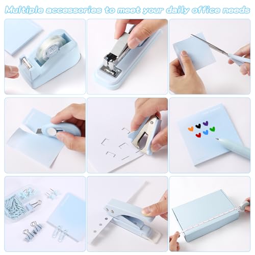 Blue Desk Accessory Kit Cute Office Supplies Set Desktop Stapler Set Includes Staple Remover Hole Punch Tape Dispenser Ballpoint Pen Scissor Mini Box Cutter Tape Measure Paper Clips Sticky Notes - color: Blue