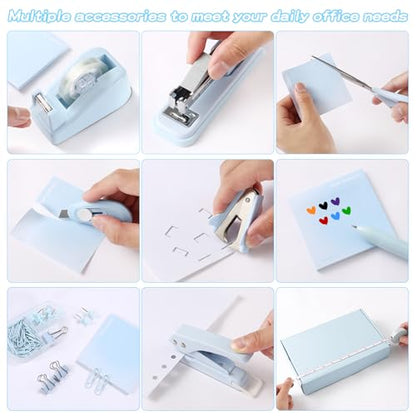 Blue Desk Accessory Kit Cute Office Supplies Set Desktop Stapler Set Includes Staple Remover Hole Punch Tape Dispenser Ballpoint Pen Scissor Mini Box Cutter Tape Measure Paper Clips Sticky Notes - color: Blue