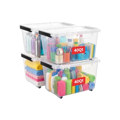 Cetomo 40Qt Plastic Storage Bin with Wheels, Stackable Storage Box with Lid, Organizer, Container for Home, Office, Drom, PP, BPA-Free, Nestable, Clear, 40Quart-4 Pack - size: 40Qt*4