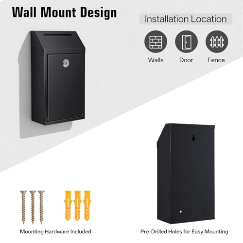 Pay Here Cash Box for Farm Stand, Cash Drop Box with Lock and Slot, Metal Money Drop Box with 4 Keys Wall Mount, Black - color: Black