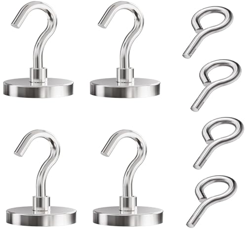 Neodymium Eyebolt & Magnet Hook Set, 200lbs Pulling Force Strong Fishing Magnets 1.65 Inch with Countersunk Hole Eyebolt for Fishing, Workplace, Home (Silver, Pack 4) - size: 4 Pack