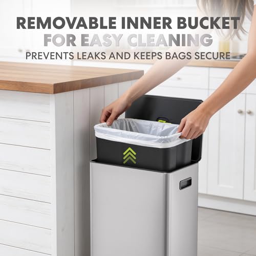 SIMPLI-Magic Infinity Edge 60L / 16 Gallon Kitchen Trash Can - Hands-Free Step Pedal, Soft-Close Lid, Stainless Steel Garbage Can with Inner Bucket - color: Silver, size: 16 Gallon