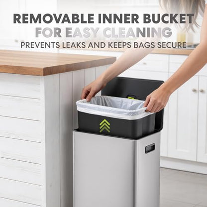 SIMPLI-Magic Infinity Edge 60L / 16 Gallon Kitchen Trash Can - Hands-Free Step Pedal, Soft-Close Lid, Stainless Steel Garbage Can with Inner Bucket - color: Silver, size: 16 Gallon