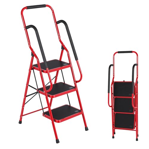 Step Ladder 3 Step Folding with Handrails, Folding Step Stool with Wide Anti-Slip Pedal, Sturdy Steel Portable Ladder, Lightweight Step Stool Foldable for Library Home Garage Office,Red - size: 3 Step