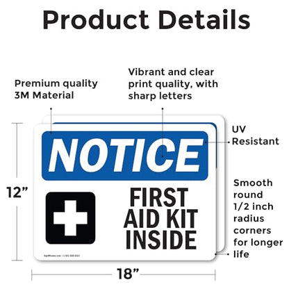 (2 Pack) First Aid Kit Inside Sign With Symbol OSHA Notice Sign 18 Inch X 12 Inch Vinyl Label Decal Sticker Weather Resistant, UV Protected for Workplace, Business, and Construction Site, Made in the USA - size: 18 Inch X 12 Inch, style: Vinyl Decal