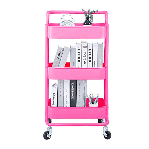 3-Tier Metal Mesh Rolling Cart Storage Organizer with Utility Handle and Wheels, Pink - color: A- Pink