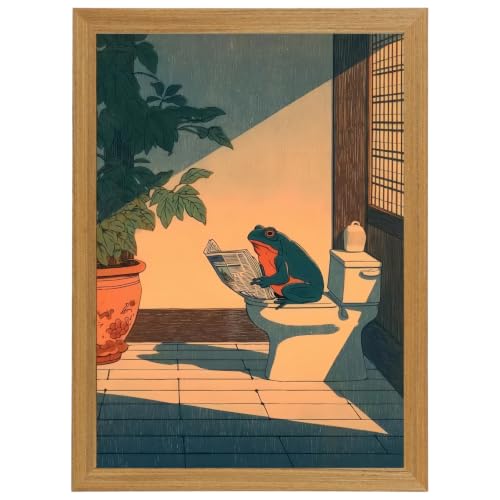 Funny Frog Bathroom Wall Art - 12x16 Inch Cute Japanese Frog on Toilet - color: m