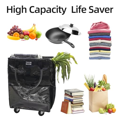 Reusable Grocery Bag with Wheels, Large Black Rolling Tote - color: Black, size: Large