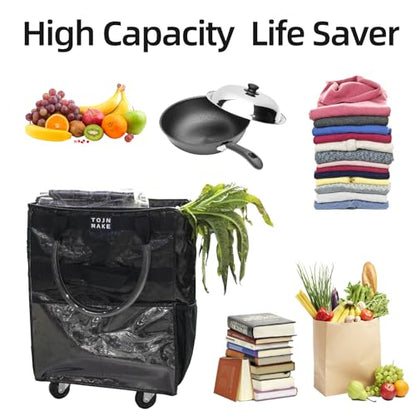 Reusable Grocery Bag with Wheels, Large Black Rolling Tote - color: Black, size: Large