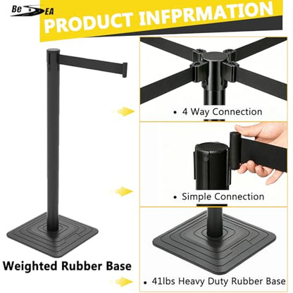 4 Pack Crowd Control Stanchions with 10FT Retractable Black Belt - color: BLACK BELT
