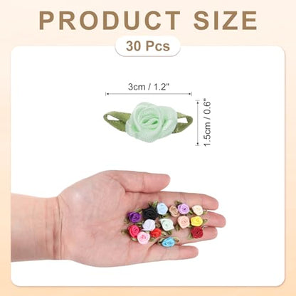 MECCANIXITY 30 Pcs Light Green Mini Ribbon Bows Roses 5/8" x1-3/16 Tiny Satin Bows Roses for Sewing Appliques Crafts Little Artificial Flowers - color: Light Green