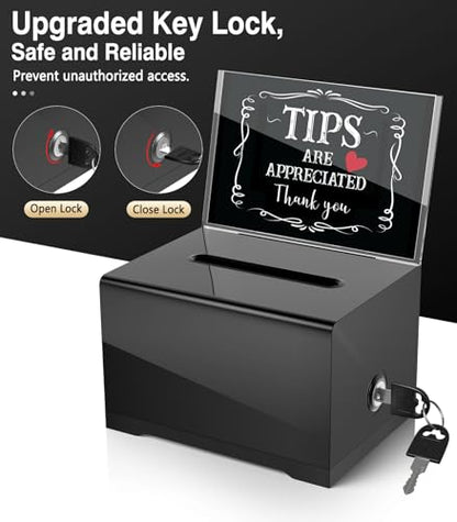 MoKo Black Acrylic Donation Box with Lock and Sign Holder - color: Black