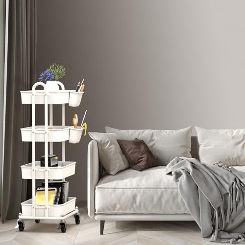 Simple Houseware 4-Tier Rolling Utility Cart with Hanging Bucket, White - color: White, size: 4-Tier