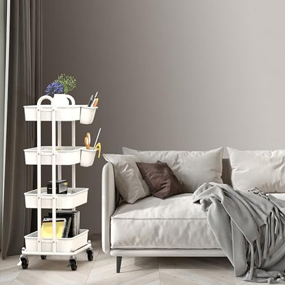 Simple Houseware 4-Tier Rolling Utility Cart with Hanging Bucket, White - color: White, size: 4-Tier
