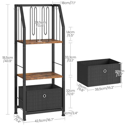CHOEZON 3-Tier Towel Rack Freestanding, Towel Rack with a Fabric Drawer, 2 M-Shaped Metal Dividers and 4 Hooks, Bathroom Towel Storage Shelf, Towel Storage for Bathroom, Rustic Brown and Black TCJ29BF