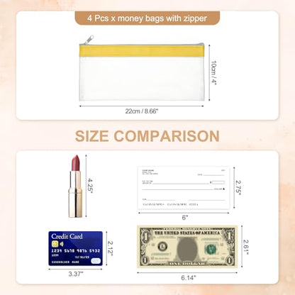 PATIKIL 8.7x3.9 Inch Money Bags with Zipper, 4 Pcs Clear PVC Cash Deposit Bank Pouch Envelopes Makeup Bag Check Wallet for Coin Cosmetics Bill, Yellow - color: Yellow