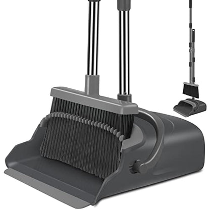 Broom and Dustpan Set for Home, Office, Indoor&Outdoor Sweeping, Stand Up Broom and Dustpan (Black&Gray) - color: Black&gray