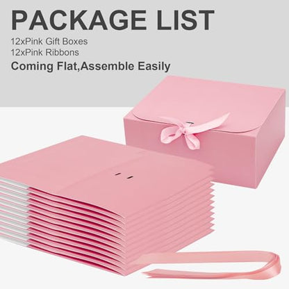 LWYMX 12 PCS Pink Gift Boxes with Lids，9.8x7.8x3.9, Bridesmaid Proposal Box with Ribbon, Gift Boxes for Wedding, Christmas, Valentine's Day,Birthday,Baby Shower and the other Parties - color: Pink, size: 1 Count (Pack of 12)