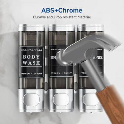 Shower Soap Dispenser Wall Mounted No Drill Shampoo Dispenser for Shower Wall Shampoo and Conditioner Dispenser Bathroom Hotel 3 * 350ml with Waterproof Labels Silver - color: Silver