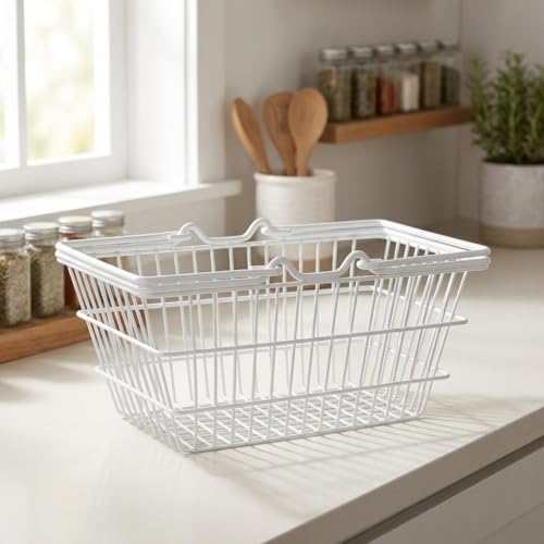 Handheld Shopping Basket with Handle Medium White Portable Storage Bin for Household Desktop Organization and Cosmetics Storage