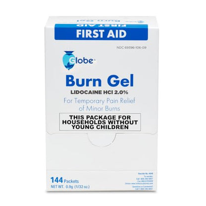 Globe First Aid Burn Gel With Aloe, Box of 144 Single Use Packets