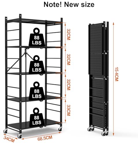 Himix 5-Tier Foldable Storage Shelves with 20 Hooks Wheels Kitchen Black - color: Black, size: 5-Tier