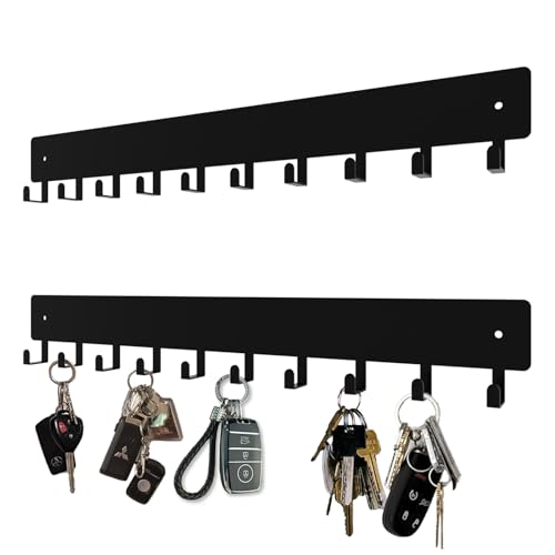 14inch Wall Key Holder with 10 Hooks(2 Sets), Metal Key Rack Wall Mount for Keys, Bags and Leashes, Key Hanger for Decorative Organizer Apartment，Entryway,livingroom,Black