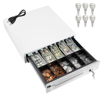 HK SYSTEMS 16inch "Stainless Steel" Front Heavy Duty POS"USB" Interface Cash Drawer with 5Bill/5Coin (White)"NO Compatibility with Square POS System for Now - color: 16" POS-USB White