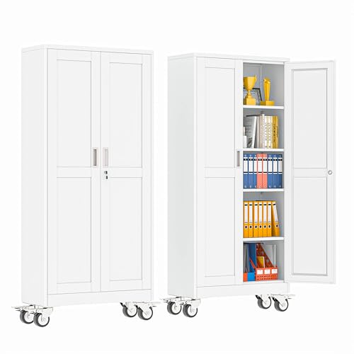 pozdeg 71" White Lockable Rolling Metal Garage Storage Cabinet - color: White, size: 14.96"D x 29.92"W x 71"H