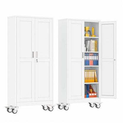 pozdeg 71" White Lockable Rolling Metal Garage Storage Cabinet - color: White, size: 14.96"D x 29.92"W x 71"H